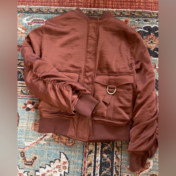 House Of Harlow 1960 Satin Bomber Jacket Women’s Medium Metallic Brown Ruched - Picture 13 of 16